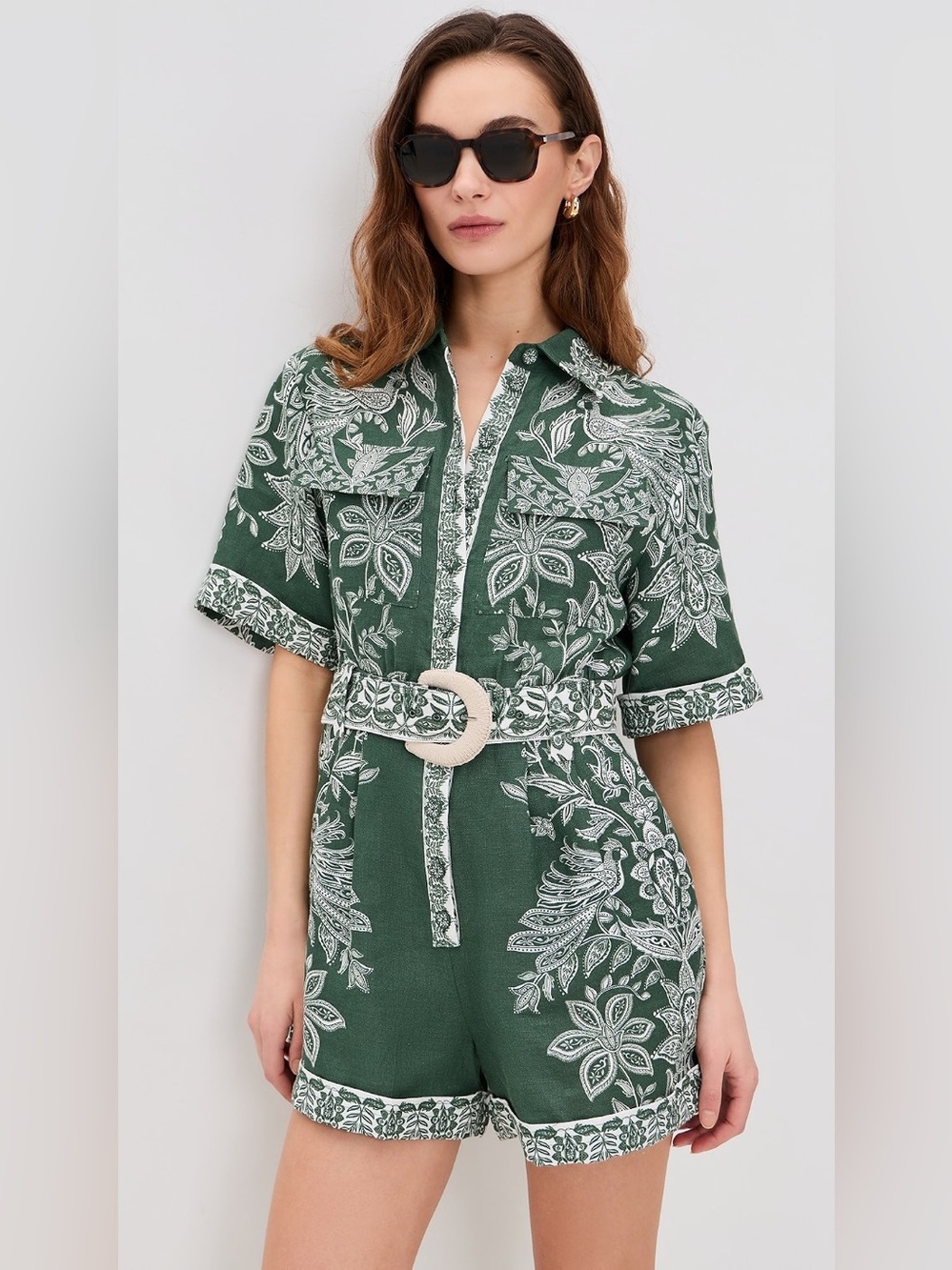 Farm Rio: MIRANDA DARK GREEN SHORT SLEEVE ROMPER - Picture 5 of 13